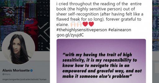 Alanis Moriset: “Plakala sve vreme dok je čitala knjigu [Visoko osetljiva osoba] zbog toga što se jednostavno u njoj pronašla"